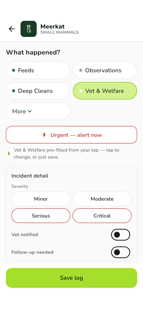 The ZooLog+ keeper app on a real device, logging a vet & welfare concern: severity, vet notified, follow-up needed, and an urgent-alert toggle.